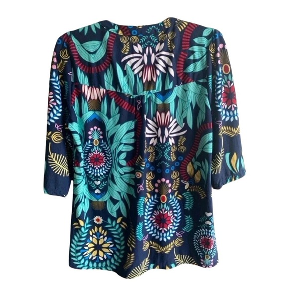 Floral Print Pleated Tunic Top Button Up 3/4 Sleeve Blouse Size SM - Picture 6 of 9